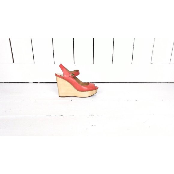 Coach open toe wooden platform wedge sandal/high heel peep toe wedge leather - Picture 1 of 8